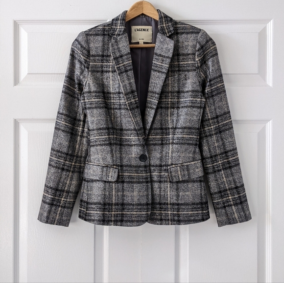 L'Agence Diana Silver Metallic Plaid Skinny Lapel Blazer | Size 0 - Picture 2 of 16